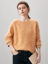 COMOBOCA Orange 100% Wool Women's Fuzzy Round Neck Sweater