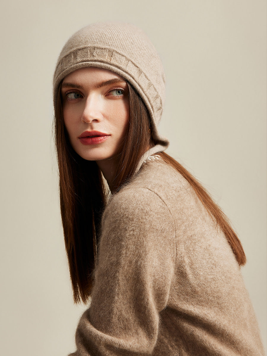 COMOBOCA 100% Cashmere Women's Knit Beanie with Ties