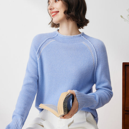 COMOBOCA 100% Cashmere Women's Round Neck Ribbed Sweater