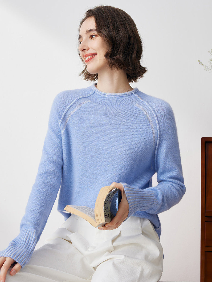 COMOBOCA 100% Cashmere Women's Round Neck Ribbed Sweater