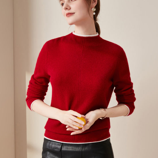 COMOBOCA Red 100% Cashmere Women's Ribbed Contrast Trim Sweater
