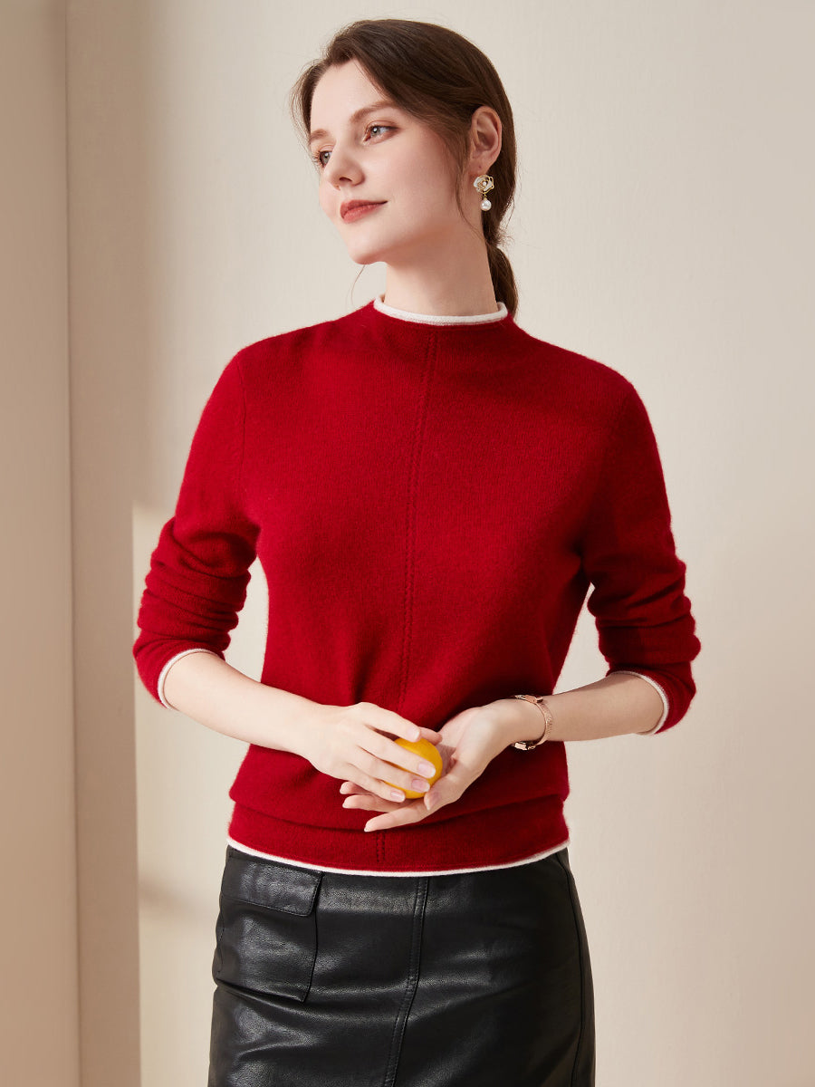 COMOBOCA Red 100% Cashmere Women's Ribbed Contrast Trim Sweater