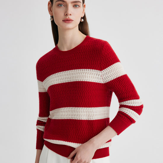 COMOBOCA 100% Cashmere Women's Striped Round Neck Sweater
