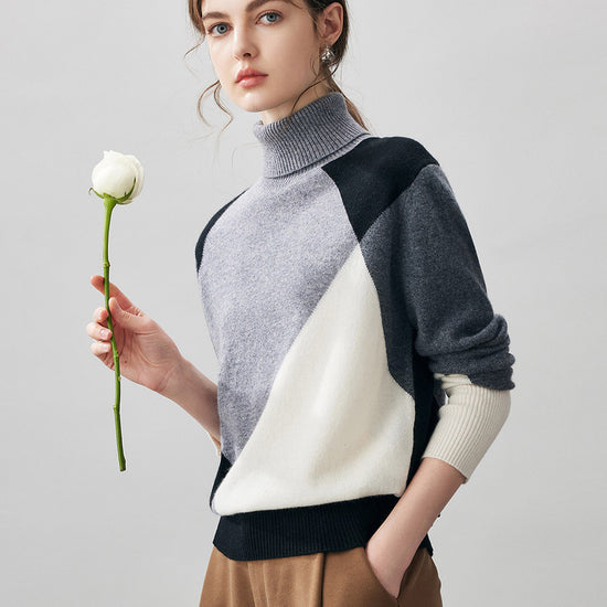 COMOBOCA 100% Cashmere Women's Color Block Turtleneck Sweater