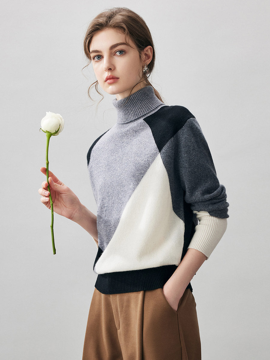 COMOBOCA 100% Cashmere Women's Color Block Turtleneck Sweater