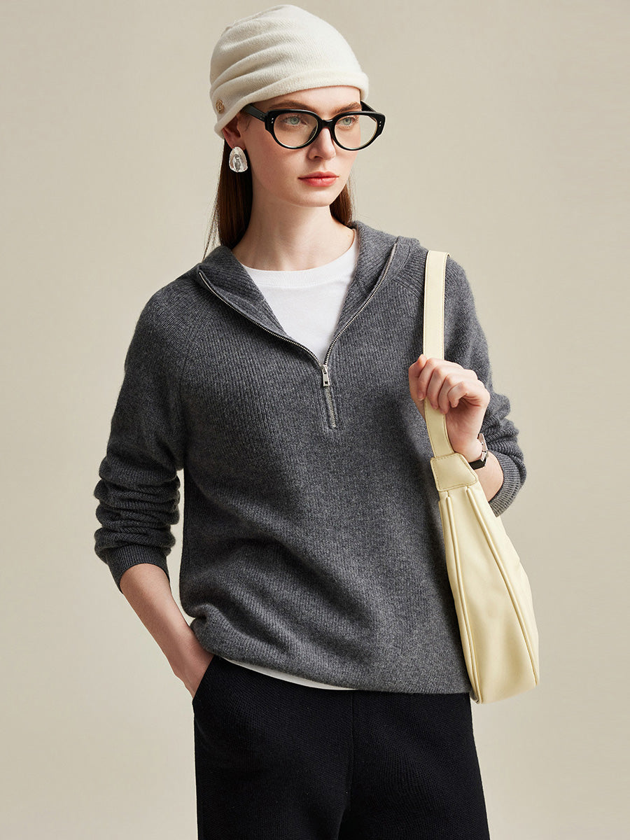 COMOBOCA Gray 100% Cashmere Women's Zip-Up Ribbed Hoodie