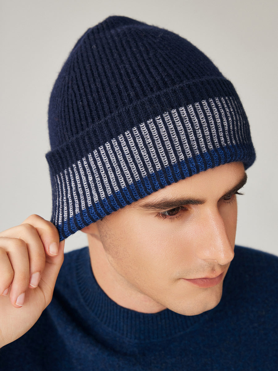 COMOBOCA 100% Wool Men's Striped Ribbed Knit Beanie