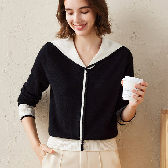 COMOBOCA 100% Cashmere Women's Sailor Collar Faux Cardigan