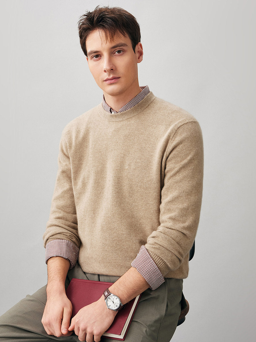 COMOBOCA 100% Cashmere Men's Ribbed Round Neck Knit Sweater
