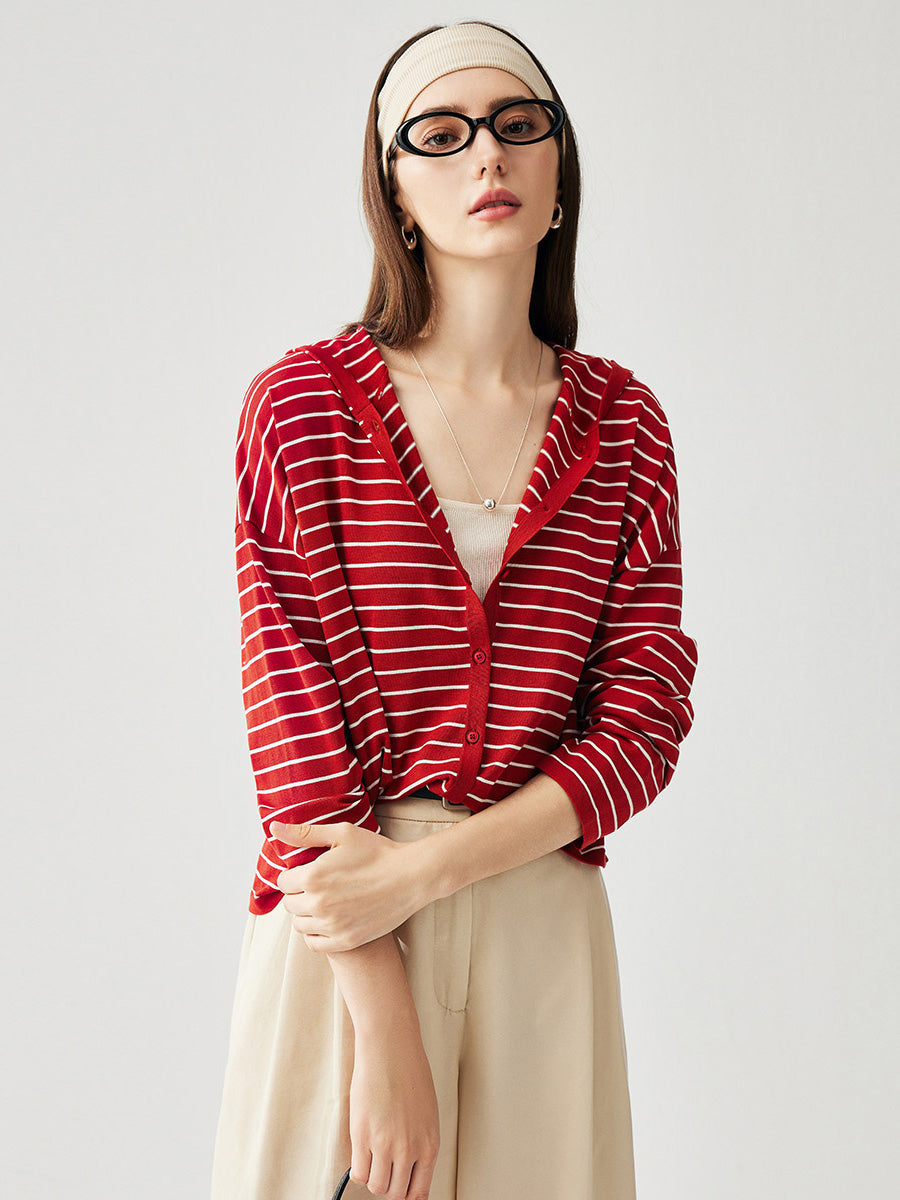 COMOBOCA Women's Striped Button Hooded Cardigan