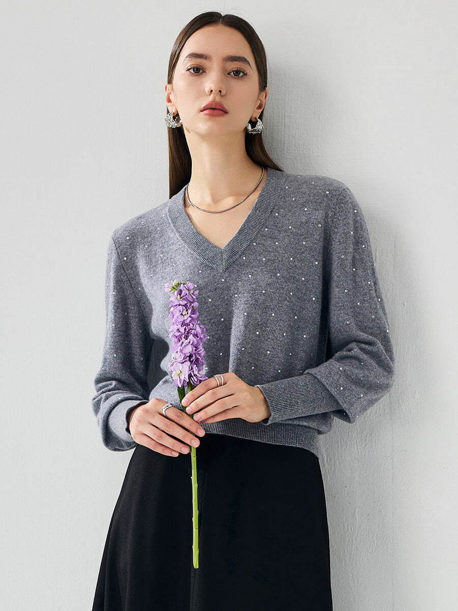 COMOBOCA 100% Cashmere Women's Sweater with Crystal Embellishments