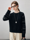 COMOBOCA 100% Cashmere Women's Striped Sleeve Round Neck Sweater