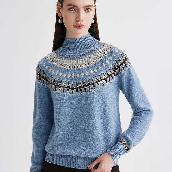 COMOBOCA 100% Cashmere Women's Fair Isle Mock Neck Sweater