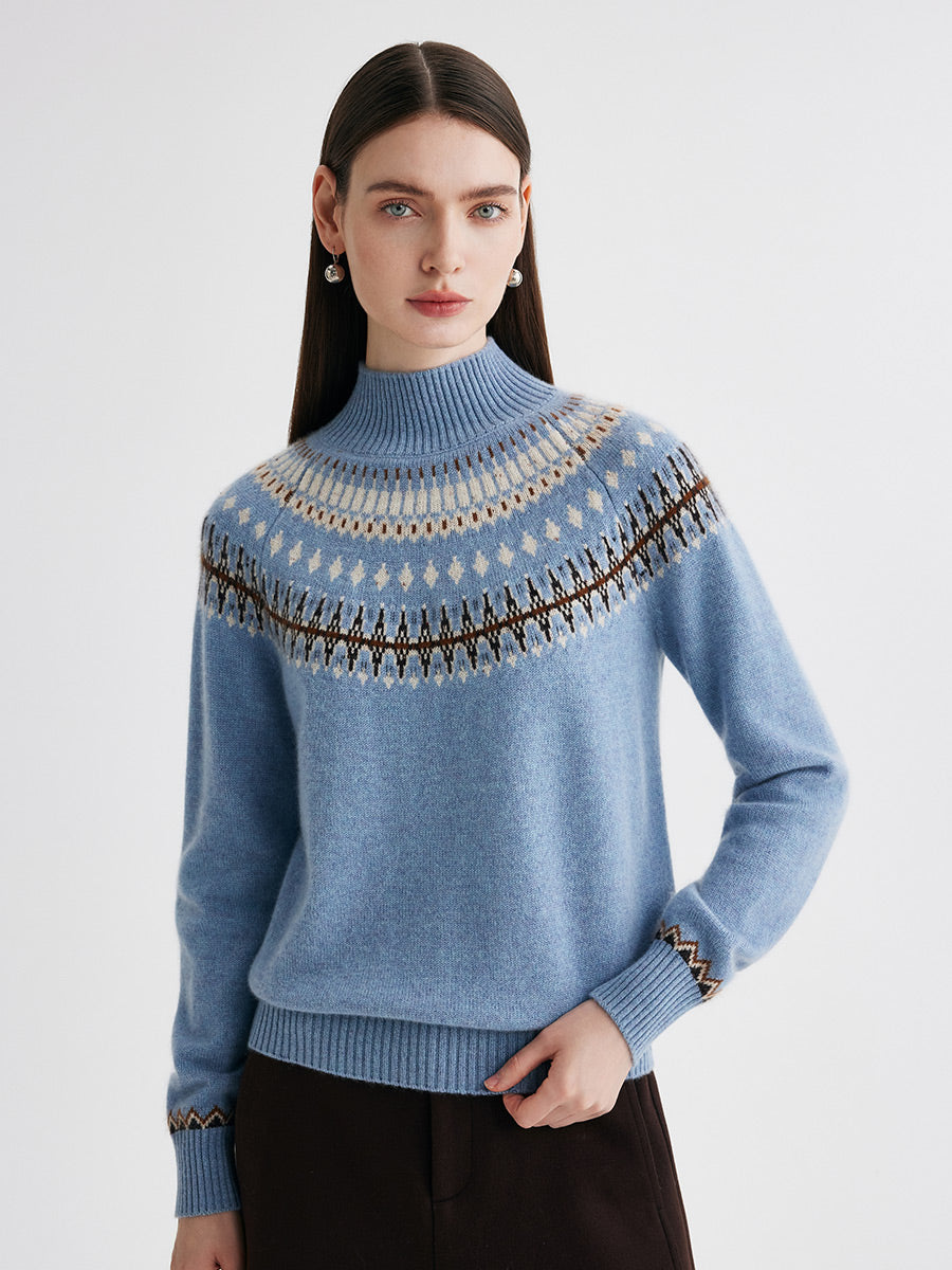 COMOBOCA 100% Cashmere Women's Fair Isle Mock Neck Sweater