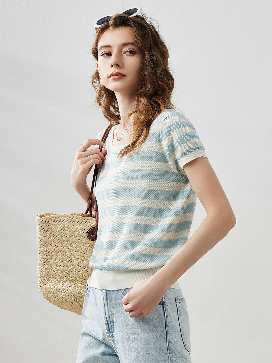 COMOBOCA Light Blue Women's Striped Ribbed Knit T-Shirt