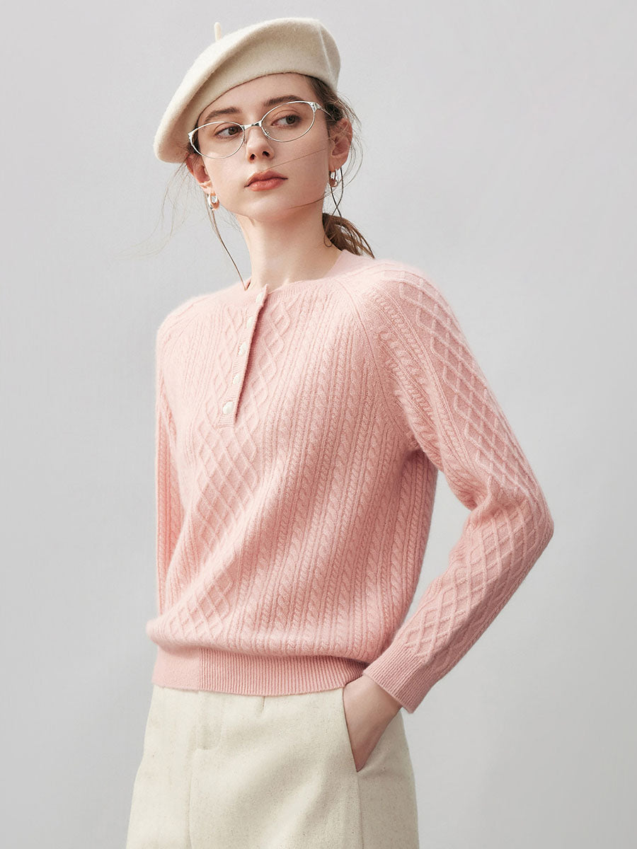 COMOBOCA 100% Cashmere Women's Cable Knit Button Front Sweater