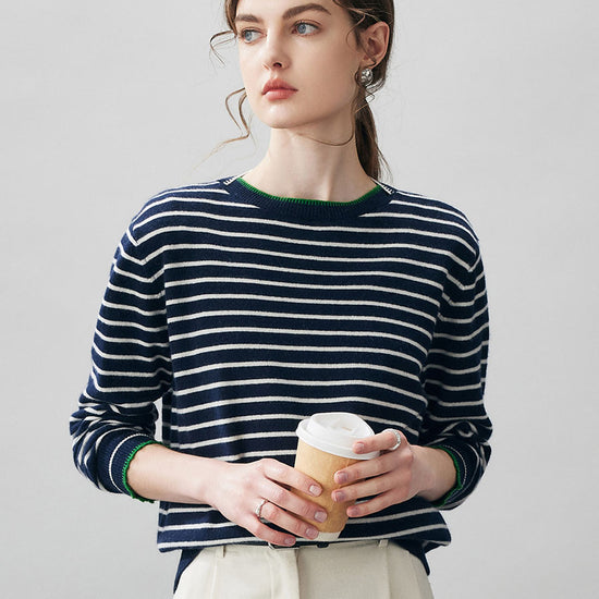 COMOBOCA Navy Blue 100% Cashmere Women's Striped Round Neck Sweater