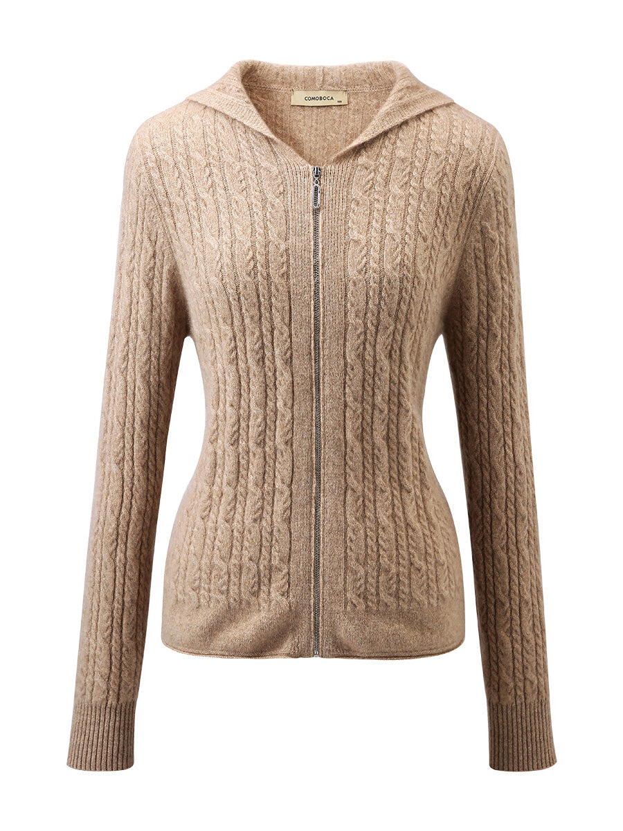 COMOBOCA 100% Cashmere Women's Cardigan Cable Knit Hoodie