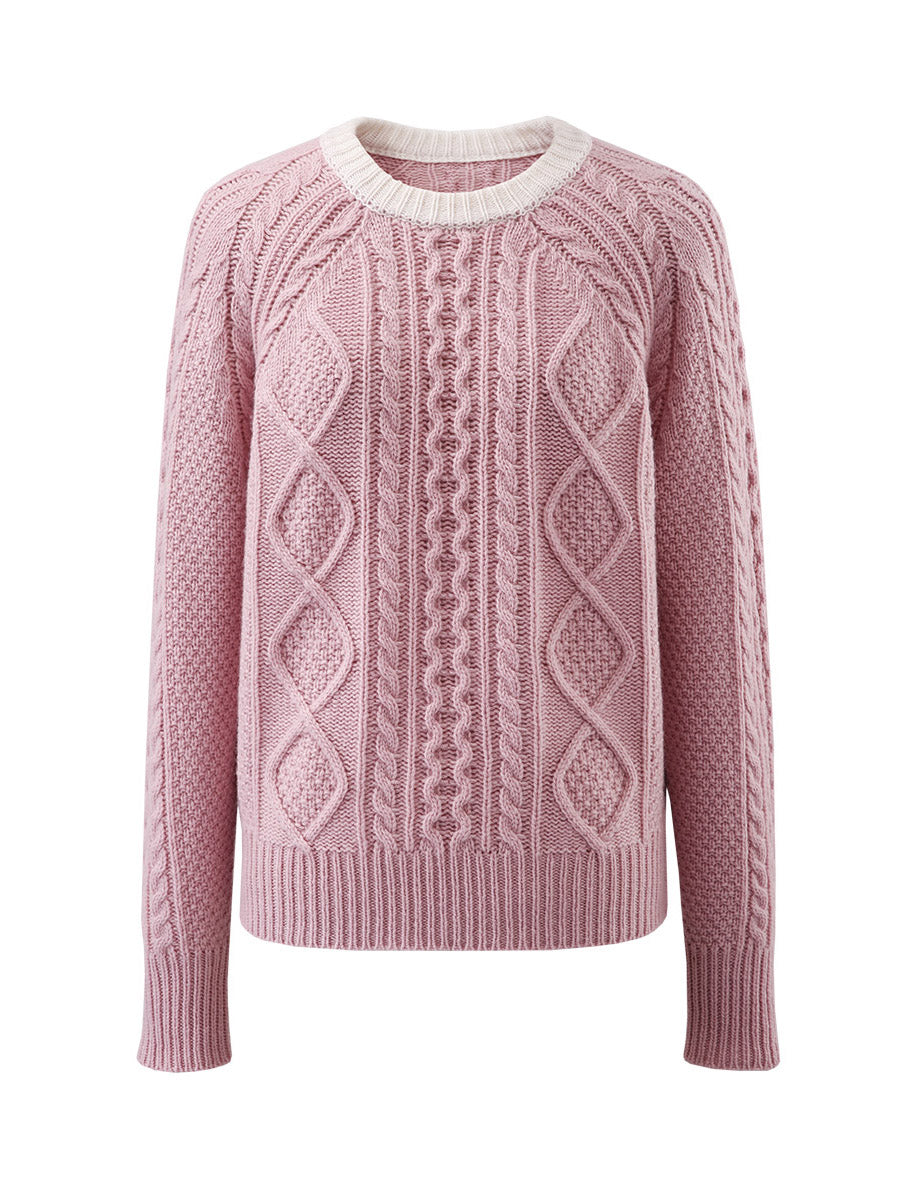 COMOBOCA 100% Wool Women's Contrast Color Cable Knit Sweater