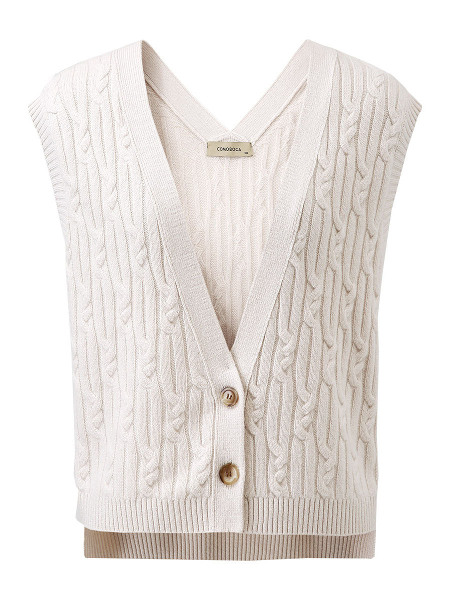 COMOBOCA 100% Wool Women's Cable Knit Button-Front Vest