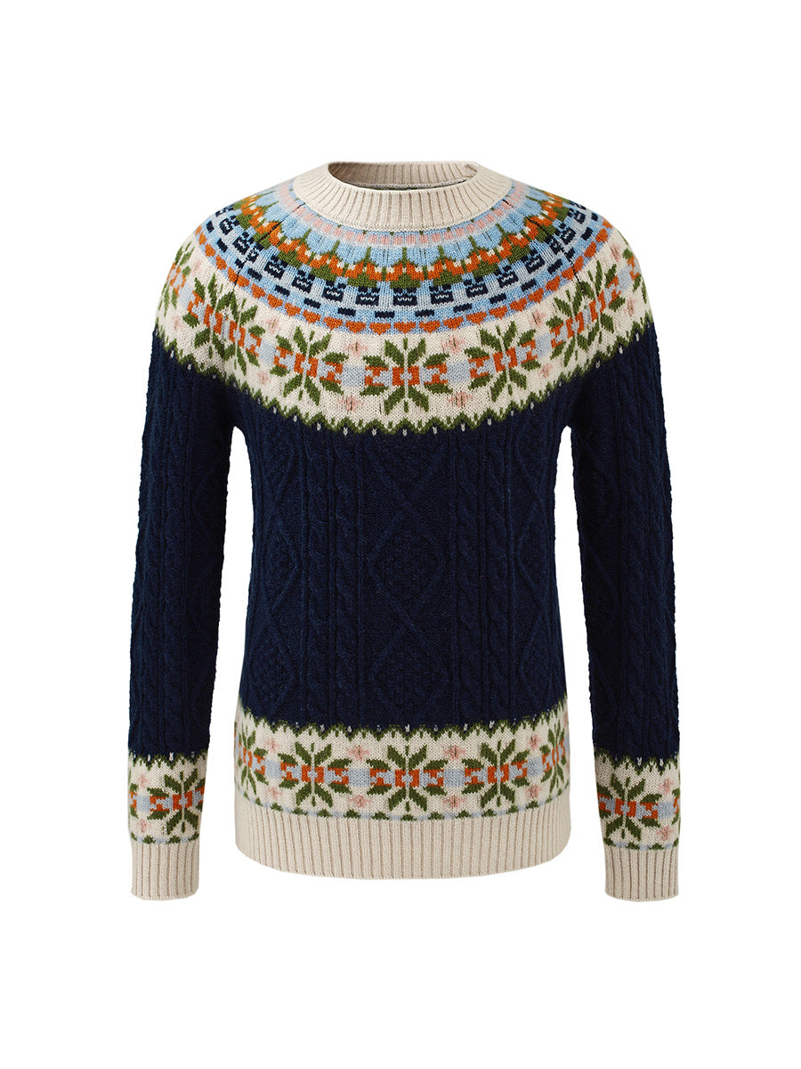 COMOBOCA 100% Wool Kids' Cable Fair Isle Round Neck Sweater