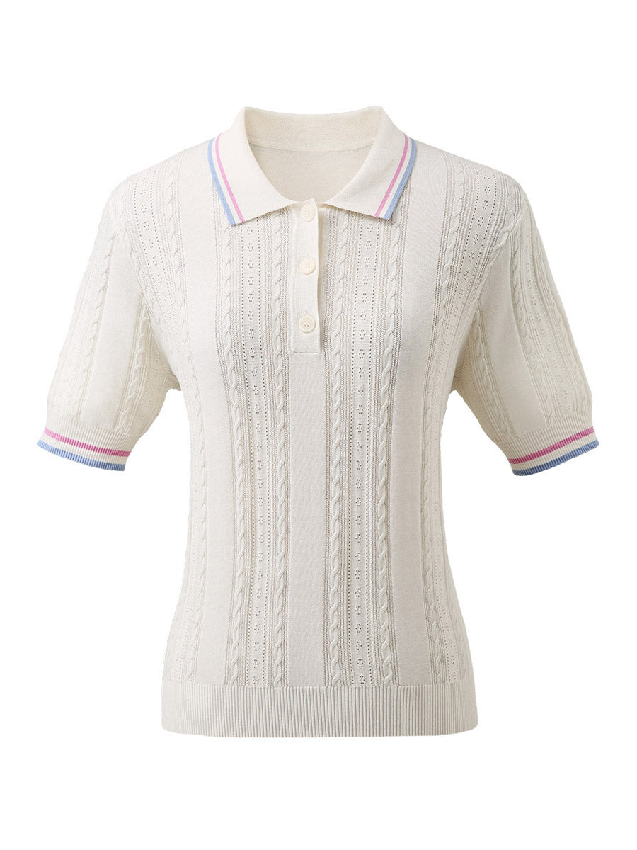 COMOBOCA Women's Cable Color Trimmed Knit Polo T-Shirt