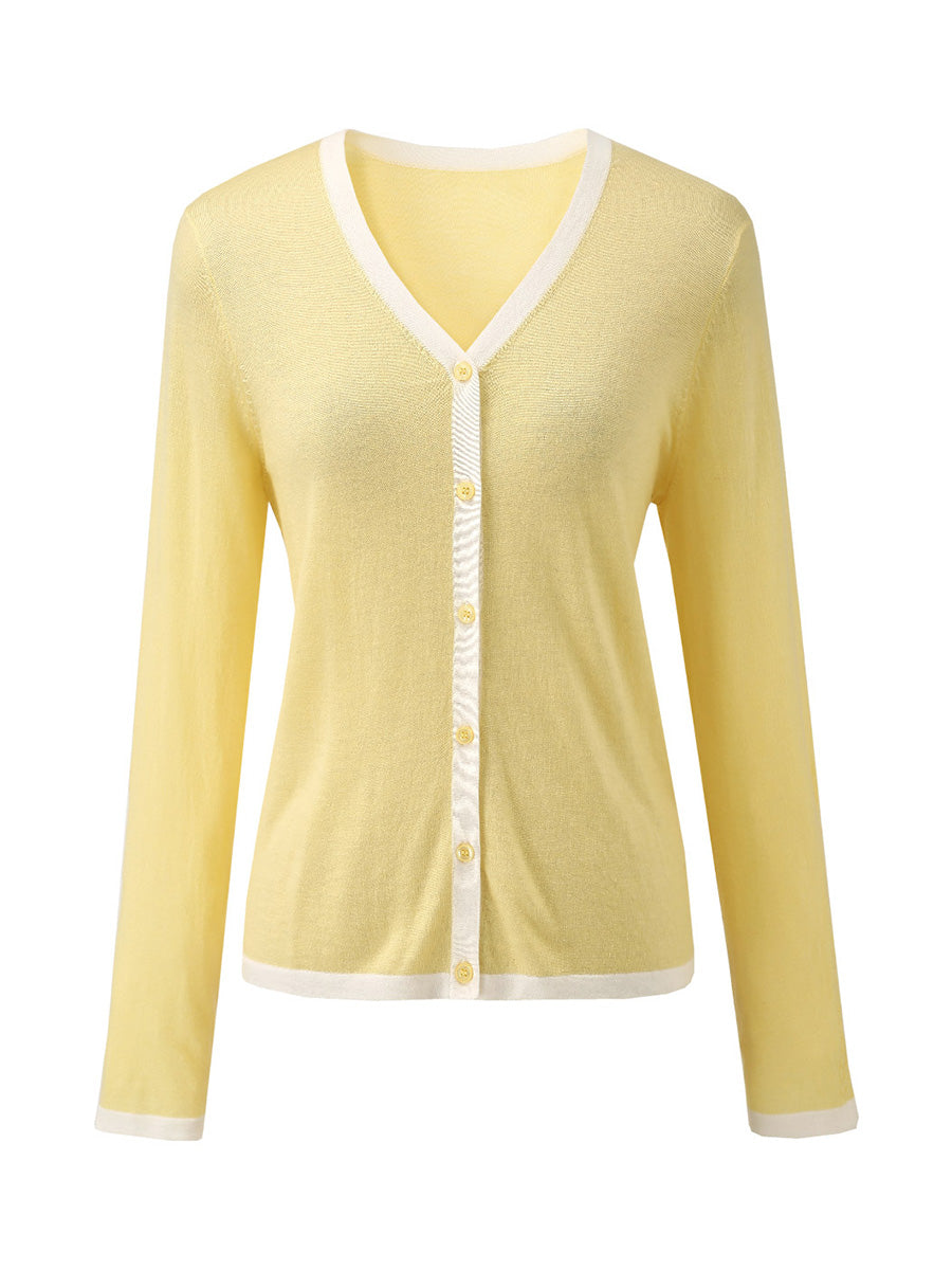 COMOBOCA Women's Ribbed V-neck Cardigan with White Trim