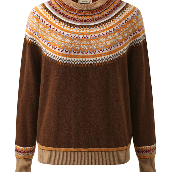 COMOBOCA 100% Cashmere Women's Fair Isle Round Neck Sweater