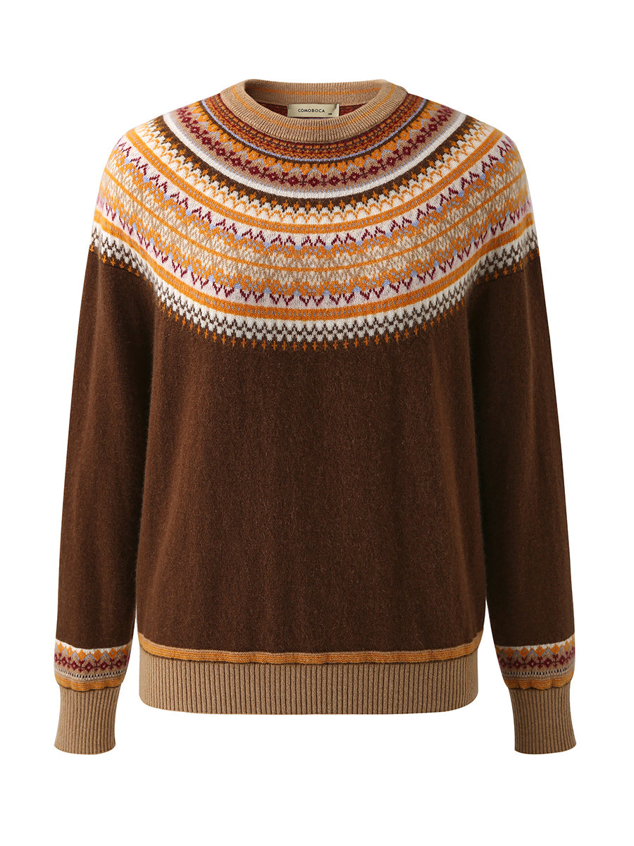COMOBOCA 100% Cashmere Women's Fair Isle Round Neck Sweater