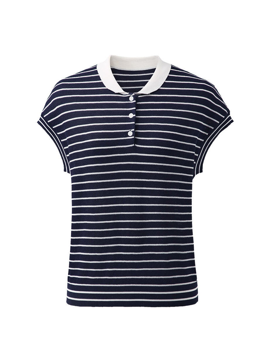 COMOBOCA Women's Cotton Silk Striped Knit Polo Shirt