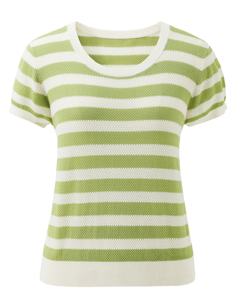 COMOBOCA Women's Striped Ribbed Knit T-Shirt