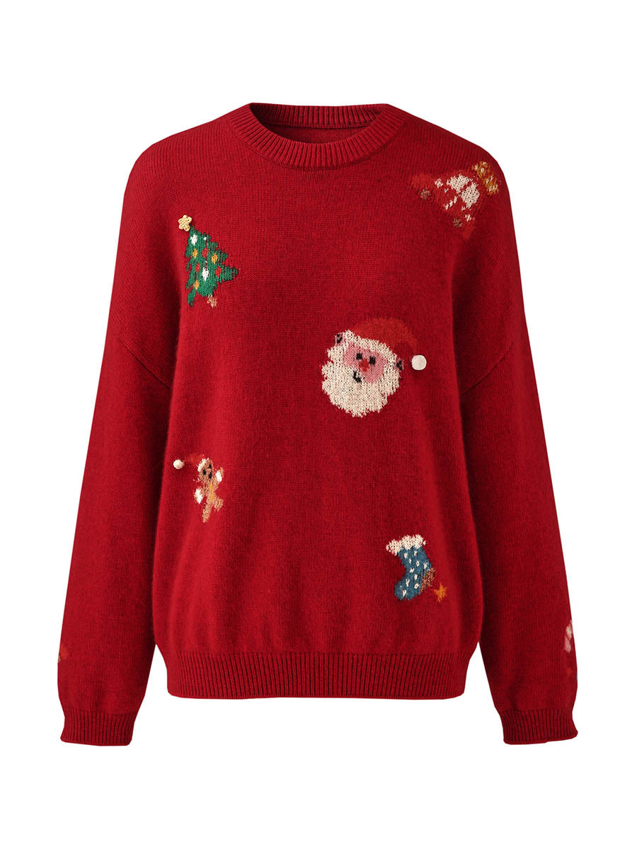 COMOBOCA Women's Wool Christmas Themed Round Neck Sweater