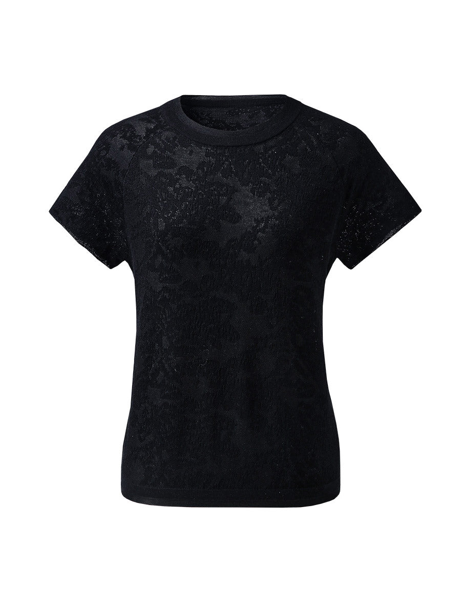 COMOBOCA Women's Lace Patterned Knit T-Shirt