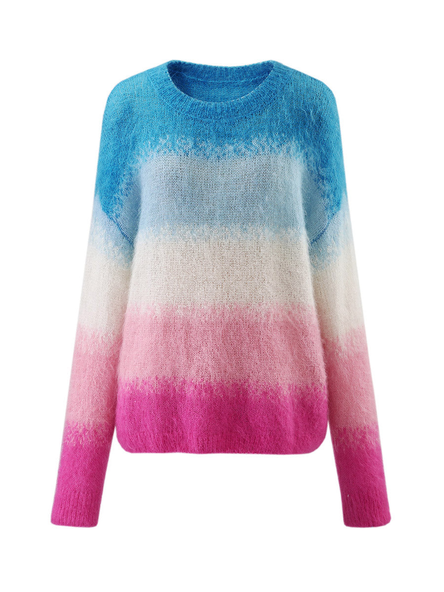 COMOBOCA Women's Mohair Gradient Color Block Fluffy Knit Sweater