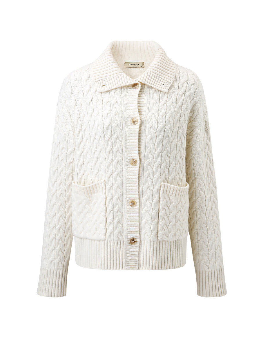 COMOBOCA 100% Cashmere Women's Cable Knit Pocket Cardigan