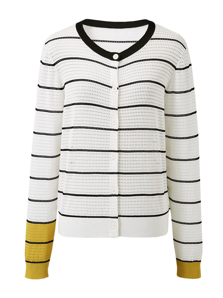 COMOBOCA Women's Striped Ribbed Button Down Cardigan