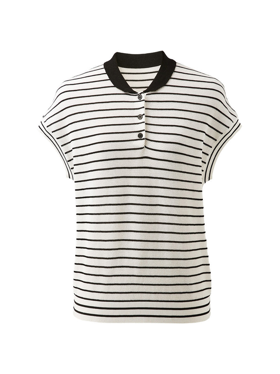 COMOBOCA Women's Cotton Silk Striped Knit Polo Shirt