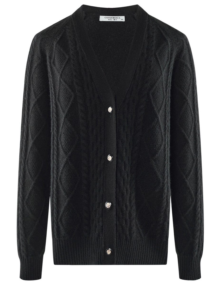 COMOBOCA 100% Cashmere Women's V-Neck Cable Knit Cardigan