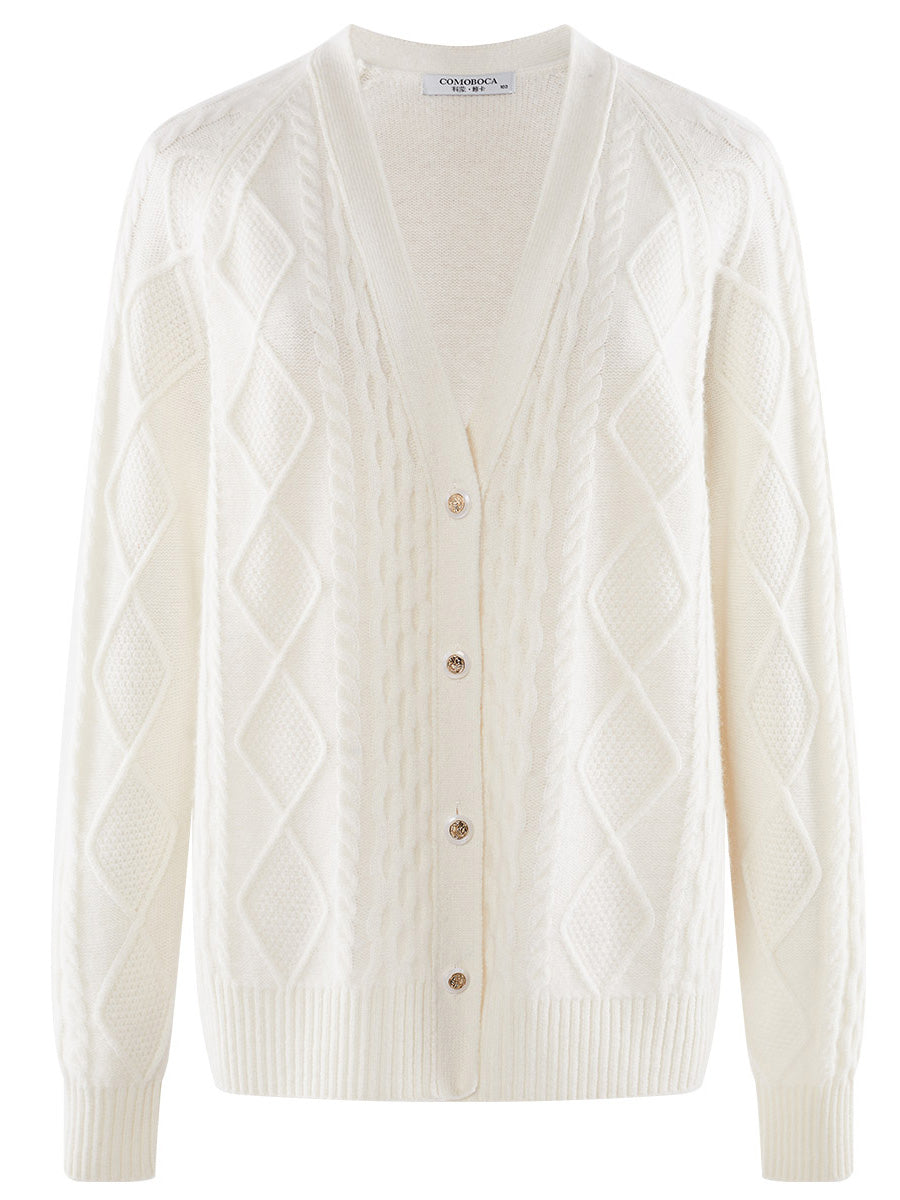 COMOBOCA 100% Cashmere Women's V-Neck Cable Knit Cardigan