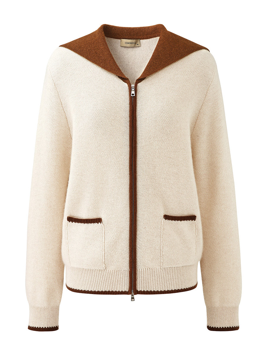 COMOBOCA 100% Cashmere Women's Contrast Collar Double Zip Cardigan