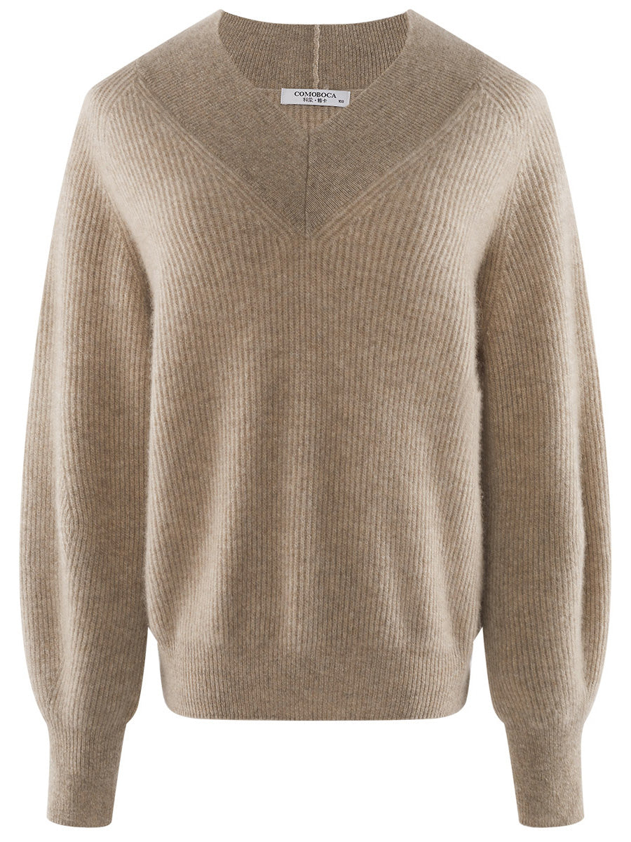 COMOBOCA 100% Cashmere Women's Lantern Sleeve V-Neck Knit Sweater