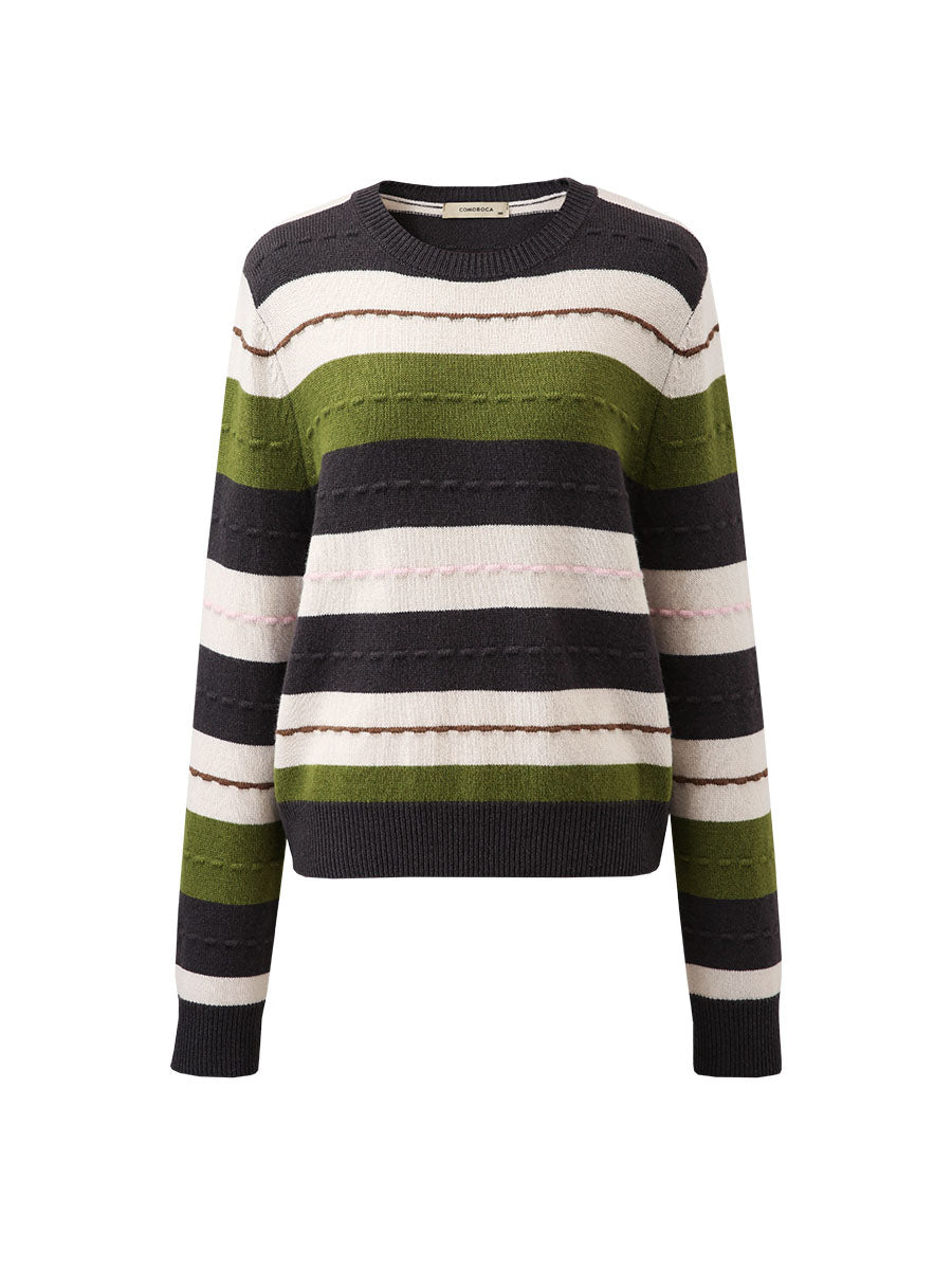 COMOBOCA 100% Wool Women's Cozy Striped Knit Sweater