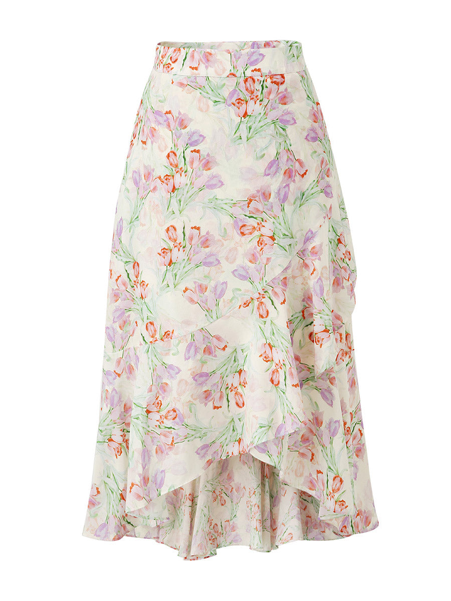 COMOBOCA 100% Mulberry Silk Women's Floral Ruffle Midi Skirt
