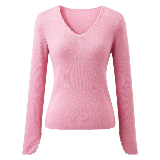 COMOBOCA 100% Wool Women's V-Neck With Pearl Accents Sweater