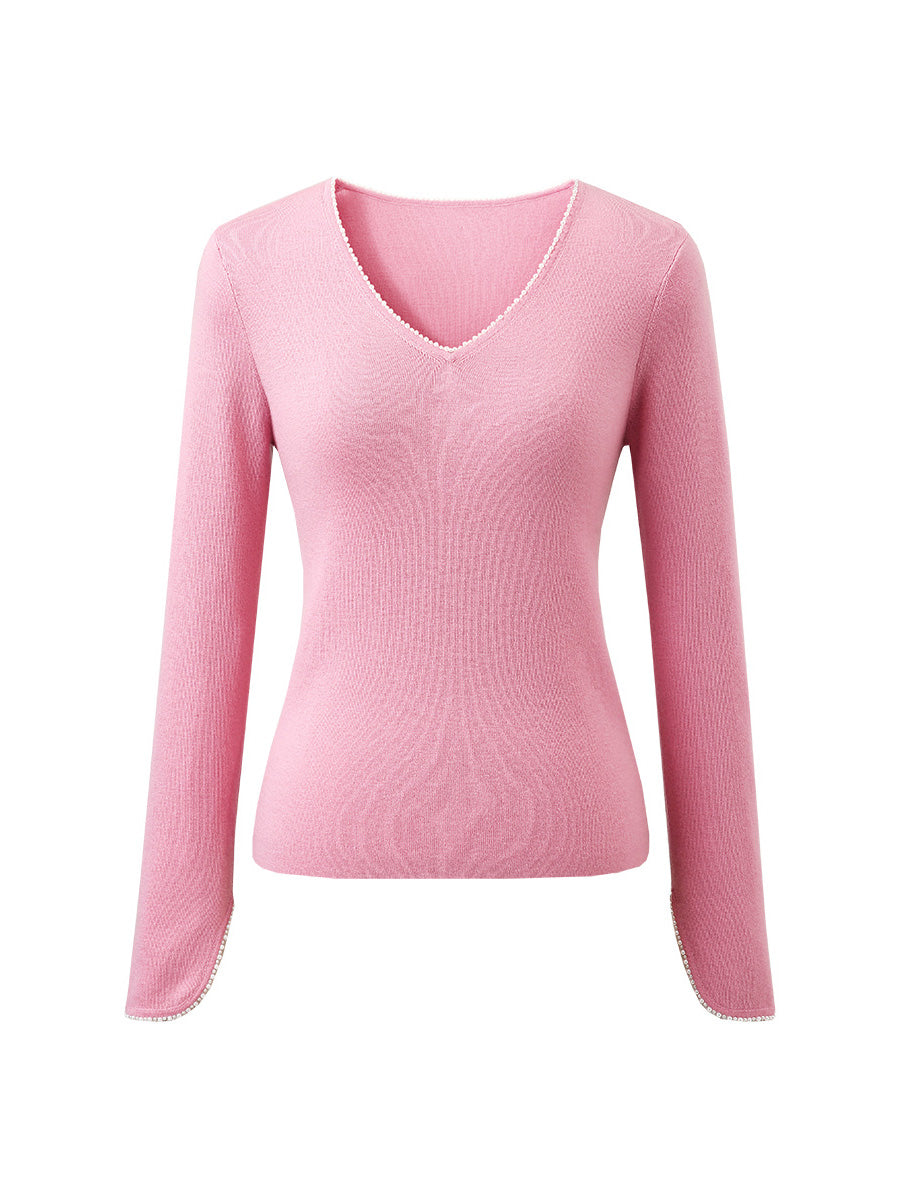 COMOBOCA 100% Wool Women's V-Neck With Pearl Accents Sweater