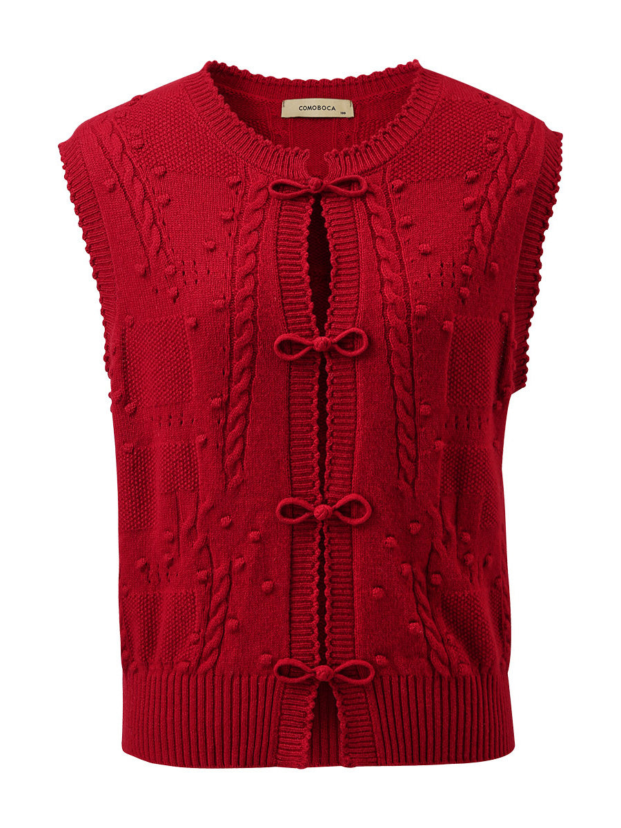 COMOBOCA 100% Cashmere Women's Bow Detailing Cable Knit Vest
