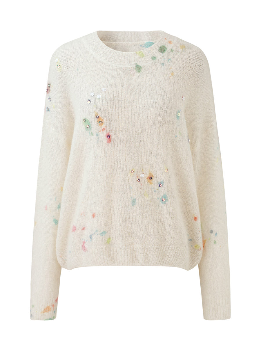 COMOBOCA Women's Sequined Floral Printed Round Neck Sweater