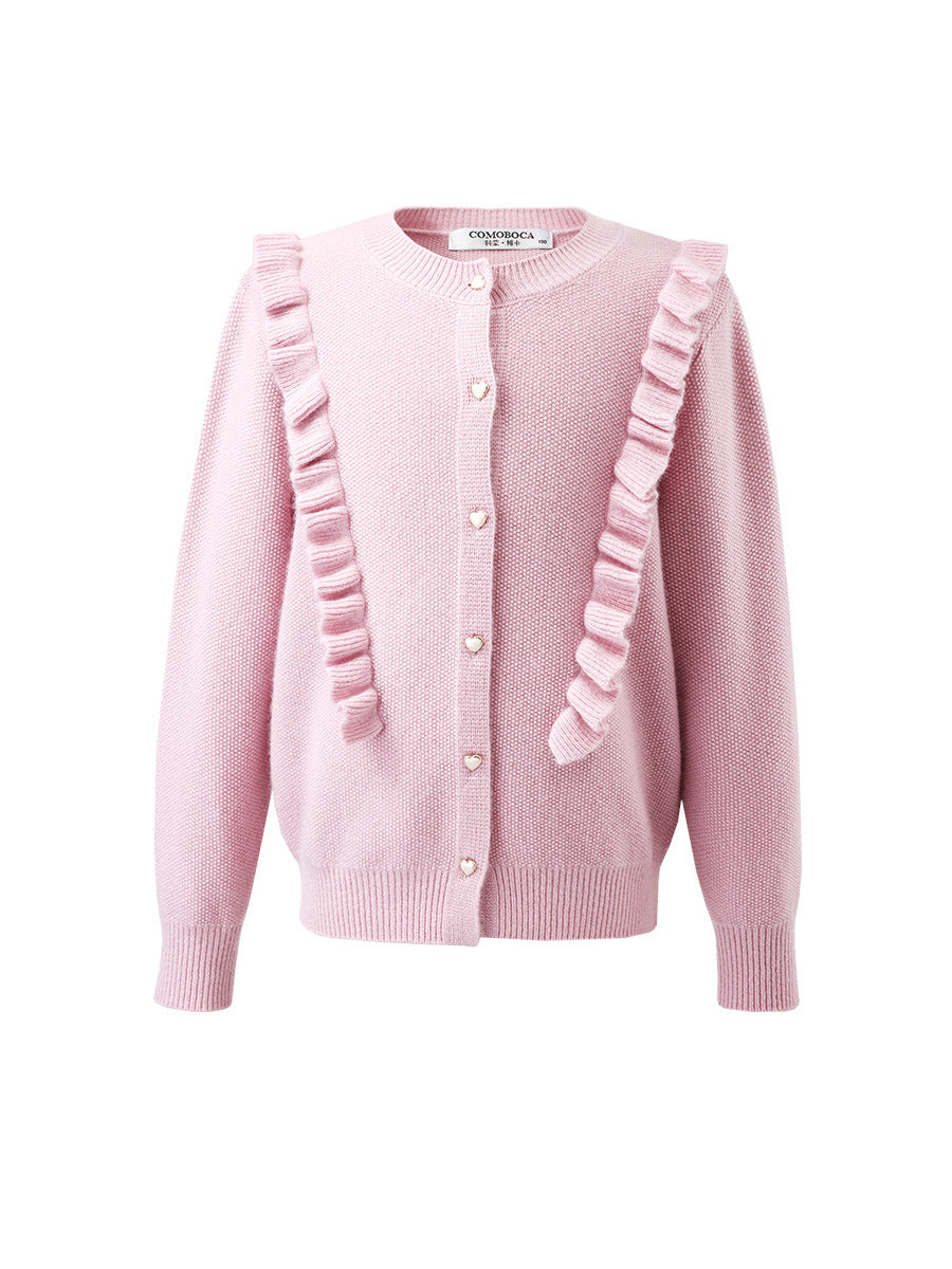 COMOBOCA 100% Wool Kids' Round Neck Heart Button Cardigan