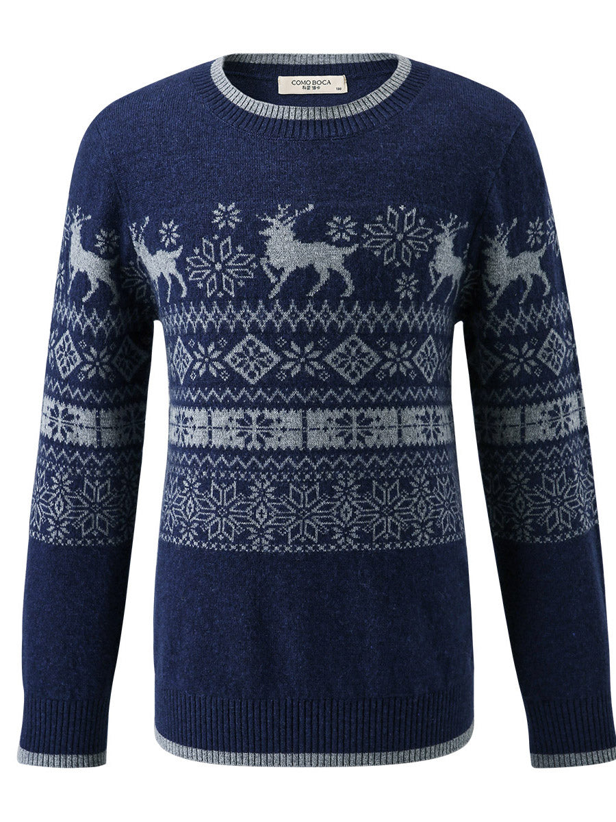 COMOBOCA 100% Wool Kids' Nordic Reindeer Pattern Knit Sweater