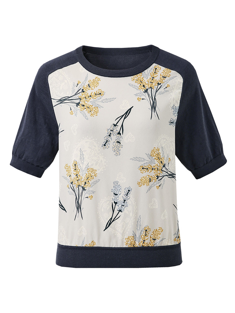 COMOBOCA M Gray Women's Floral Print Raglan Sleeve T-Shirt